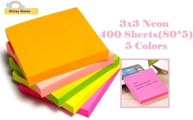 Paper Neon 80 Pcs Sticky Notes, Multicolor, 3x3 inches, Pack of 5