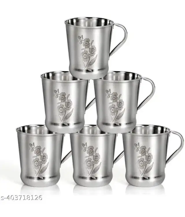 LEROYAL 6Pcs Stainless Steel Tea Cup, Silver,150 ml