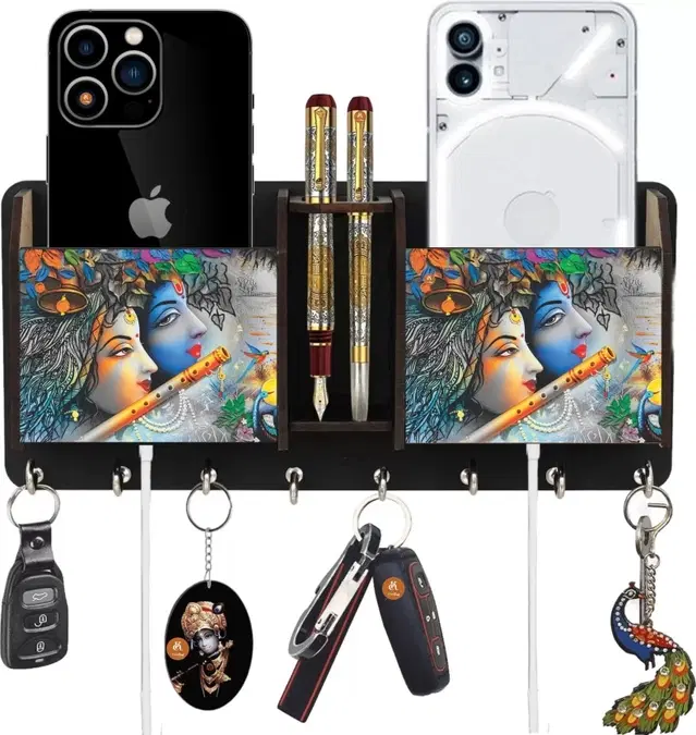 Khatu Crafts Radhakrishna Wood Key Holder, 8 Hooks, Multicolor