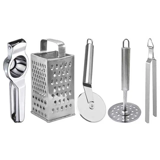Oc9 Stainless Steel Lemon Squeezer & 4 in 1 Grater Or Slicer & Pizza Cutter & Potato Masher & Roti Chimta Kitchen Tool Set, O-157