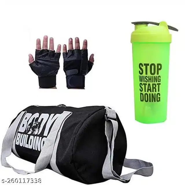 Combo of Gym Bag with Shaker Bottle, 400 ml, Gloves, Multicolor, Set of 3