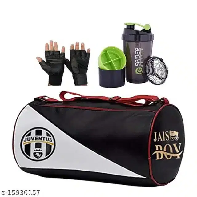 Combo of Gym Bag with Shaker Bottle, 600 ml, Gloves, Multicolor, Set of 3