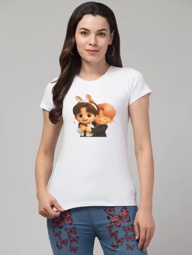 Cotton Blend Printed T-shirt for Women, White (S)