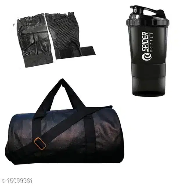 Combo of Gym Bag with Shaker Bottle, 400 ml, Gloves, Multicolor, Set of 3