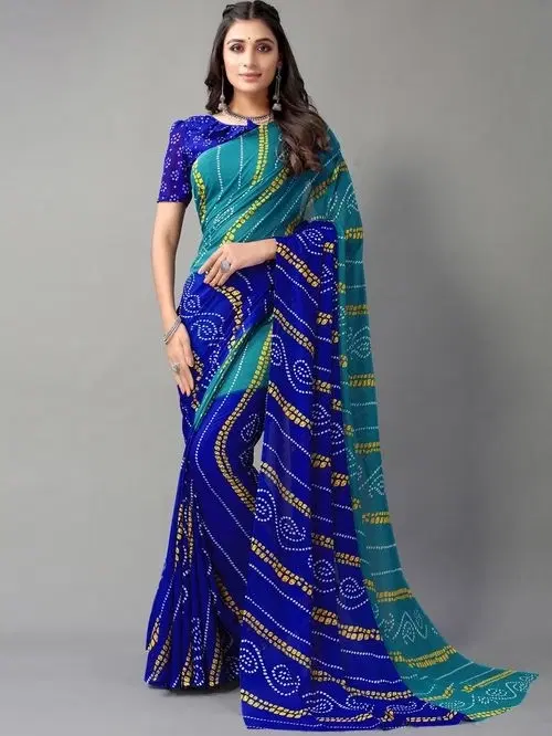 Georgette Bandhini Saree for Women, Blue