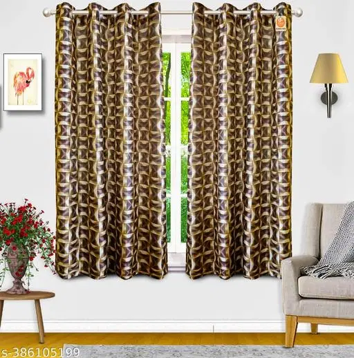 KANUSHI Industries® 2 Pieces Washable Polyster Eyelet Window Curtain Set (Brown Golden Line) (RK-CUR-BROWN-GOLDEN-LINE-5FEET-2PCS) (5 FEET)…