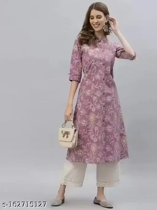 Floral Print Straight Cotton Blend Kurtis for Women ,Mouve (M)