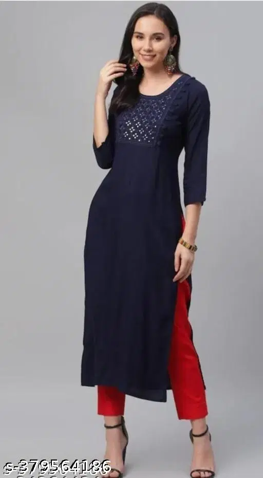 Rayon Printed Kurti for Women, Navy Blue (XS)