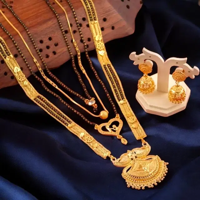 Alloy 4 Pcs Mangalsutra Set with Earrings for Women, Set of 1 (Gold)