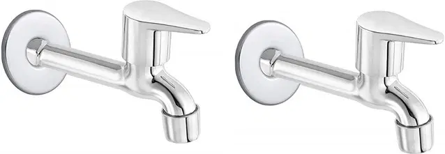 Stainless Steel Long Body Bib Cock Tap with Wall Flange, Silver, Set of 2
