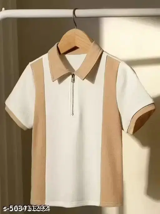 Color Blocked T-Shirt with a Zip Collar for Men ,Beige & Cream (M)