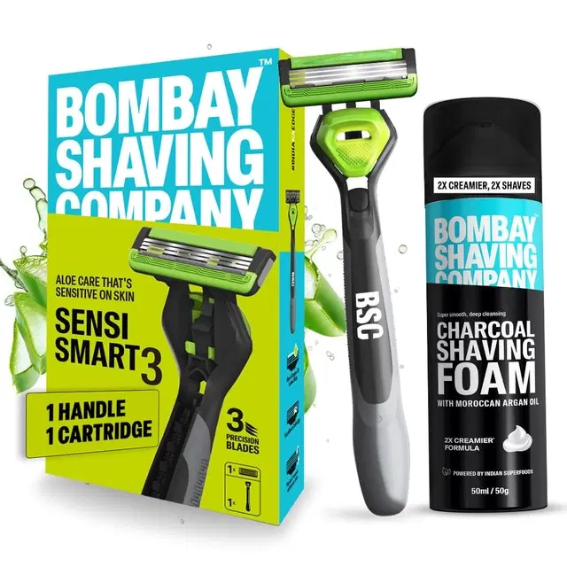 Bombay Shaving Company Sensi Smart 3 Razor And Charcoal Shaving Foam Combo | 3 Blades Shaving Razor For Men | Charcoal Shaving Foam, 50 g