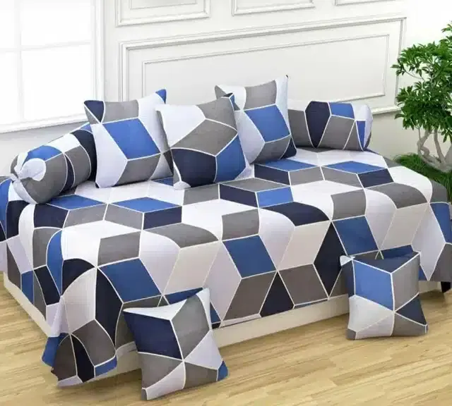 Cotton 3D Printed Diwan Set, Multicolor, Set of 8