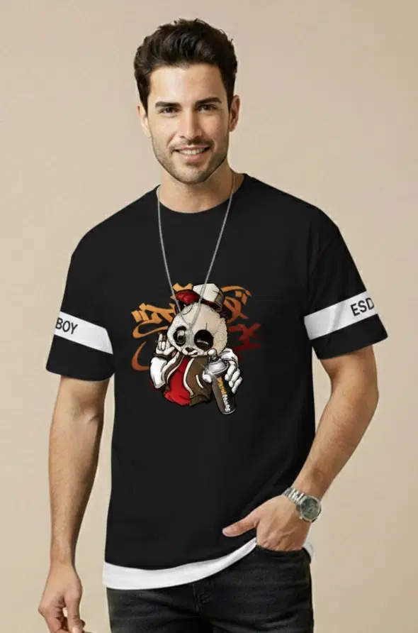 Polyester Printed T-shirt for Men, Black (M)