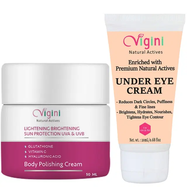 Vigini Natural Under Eye Cream, 20 ml with Lightening Brightening Body Polishing Cream, 50 ml, Set of 2