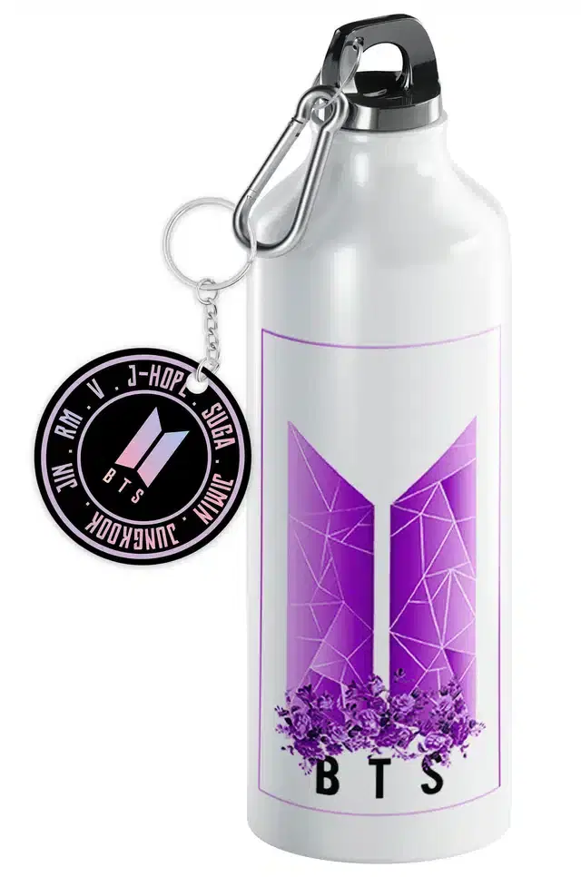BTS Army Logo Aluminium Printed Sipper Bottle with Keychain, Pack of 2, Multicolor, 750 ml, Gt-126