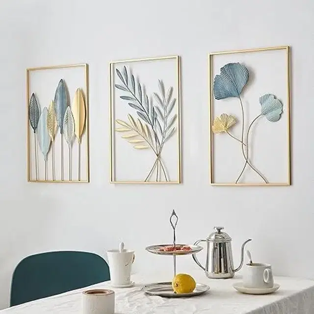 Metal Wall Art Panels Set Of 3 Decorative Golden & Blue Leaf Design Iron Wall Hangings
