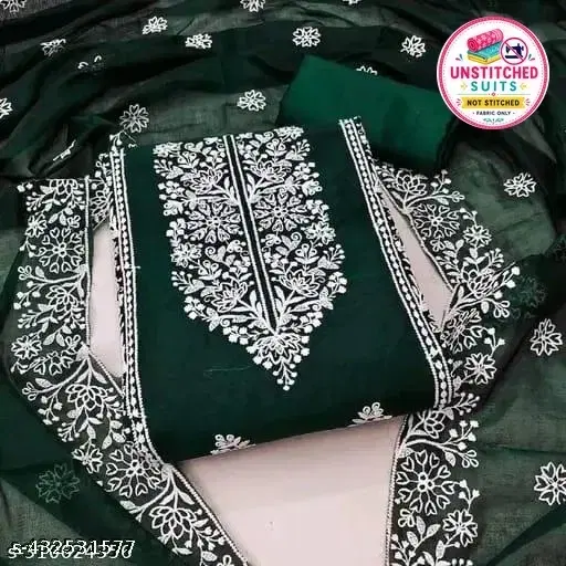 Chanderi Cotton Embroidered Unstitched Suit for Women (Green)