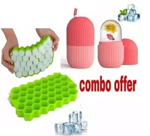 Combo of Silicone Honey Comb Ice Cube Tray with Ice Face Roller, Multicolor, Set of 2