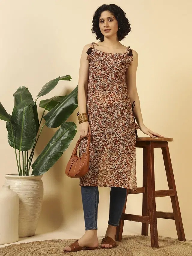 Summer Tie Up Georgette Kurti for Women (Brown, XS)