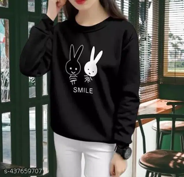 Cotton Blend Printed Sweatshirt for Women (Black, S)