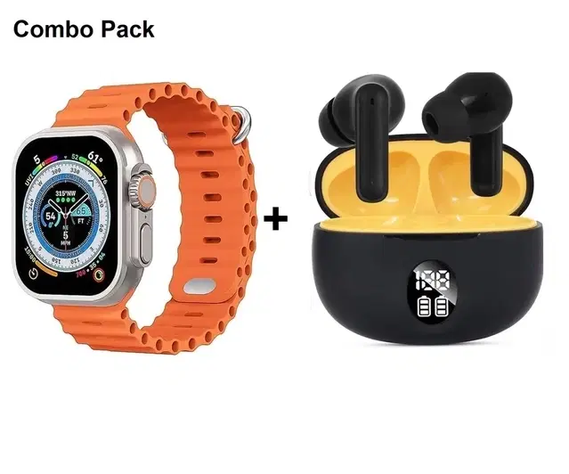 Tecsox 2.19" Screen BT Calling Smart Watch (Orange) and PODS TWS Earbuds with Battery Display (Black & Yellow) (Combo Pack)