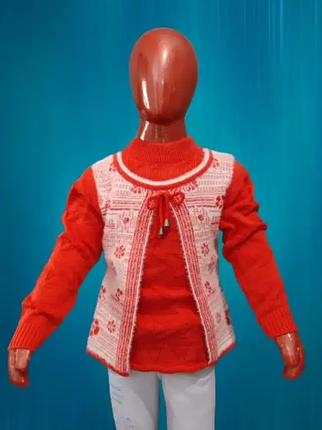 Wool Self Design Sweater for Girls (Red, 5-6 Years)