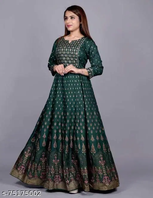 Rayon Printed Gown for Women, Green (S)
