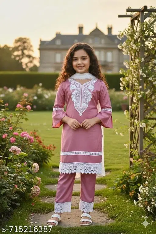 Rayon Kurta Set for Girls (Pink, 11-12 Years)