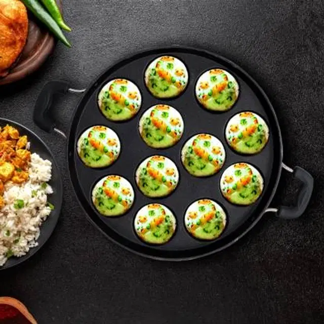 ZODEX 12 Cavities Non Stick Appam Patra with Lid and Side Handle, Multicolor, 21 cm