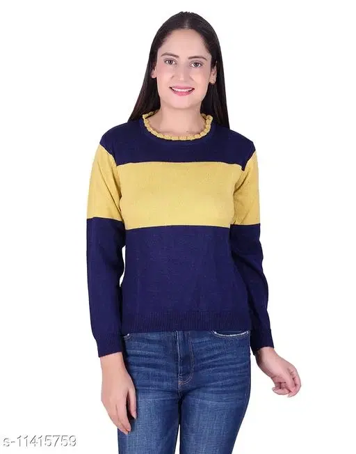 Acrylic Striped Sweater for Women (Navy Blue & Yellow, M)