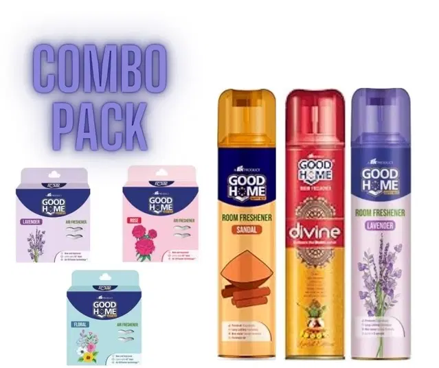 Combo of Goodhome Sandal, Lavender & Divine Room Freshener, 130 g, Pack of 3 with 3 Pcs Free Hanging Sachet, Set of 6