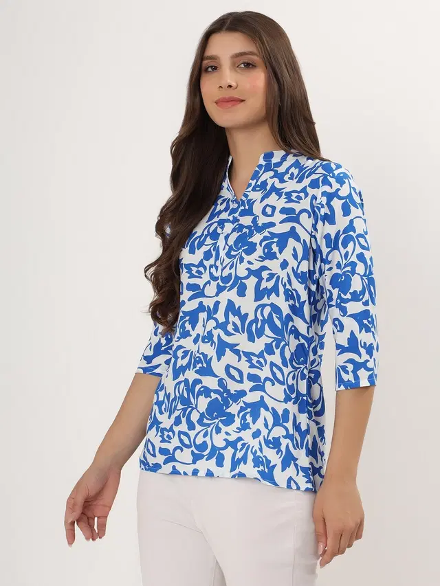 Womens Blue Floral Print Rayon Short Kurti, Blue (XL)
