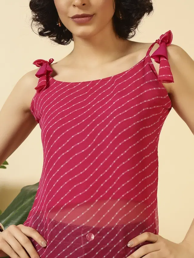 White Tie Up Georgette Kurti for Women (Pink, XS)