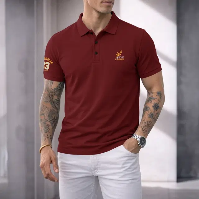 Polo Neck Solid Poly Cotton T-shirt for Men (Maroon, M)