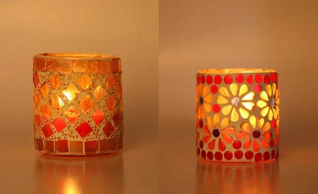 Glass Decorative Tea Light Holders, Multicolor, Pack of 2