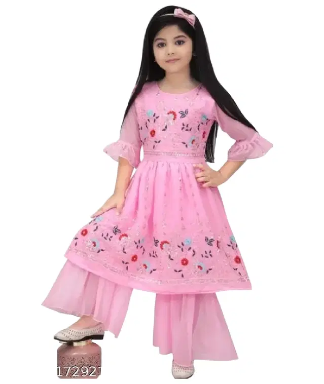 Georgette Kurta Set for Girls (Pink, 18-24 Months)