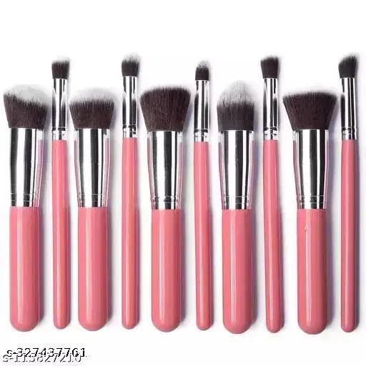 Kamz 10 piece professional cosmetic makeup brush set comes with transparent plastic bag, Pink