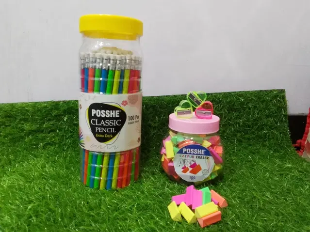 Combo of Posshe Rubber Tip Pencils, 100 Pcs with 100 Pcs Erasers & 2 Pcs Sharpeners, Multicolor, Set of 3