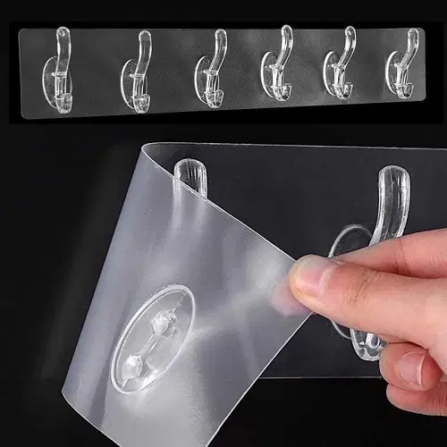 Double-Sided Adhesive 6-in-1 Wall Hooks, Transparent, Pack of 1