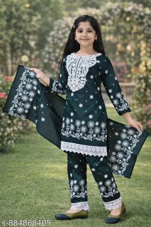 Cotton Kurta Set for Girls (Green, 7-8 Years)