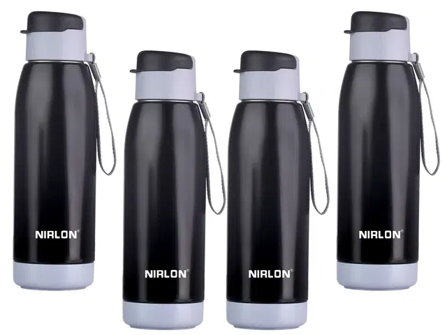 Nirlon Electro Pu Insulated Stainless Steel Inner Side Set Of 4, 750Ml, Break Proof, Leak Proof, Hot & Cold Water Bottle For Home| School | Office | Gym | Hiking | Travel Bottle (Black)