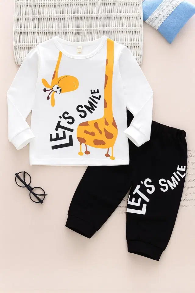 Cotton Blend Printed Clothing Set for Kids, White & Black (6-12 Months)