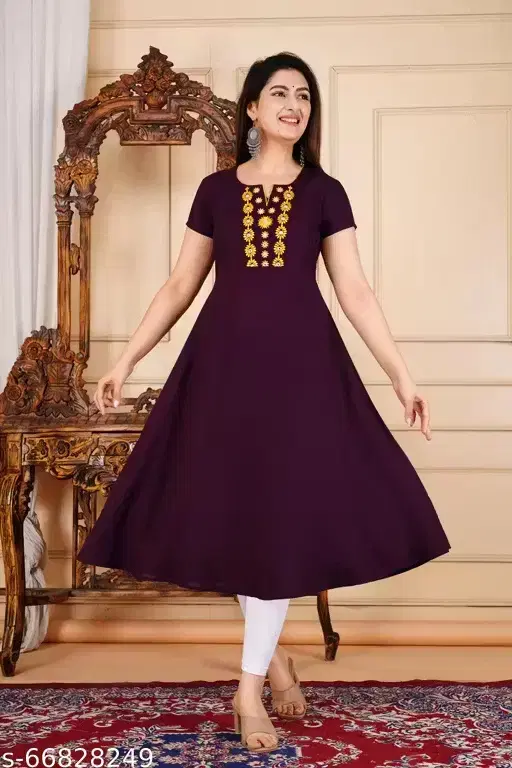 Solid Crepe Kurtis for Women, Wine (L)