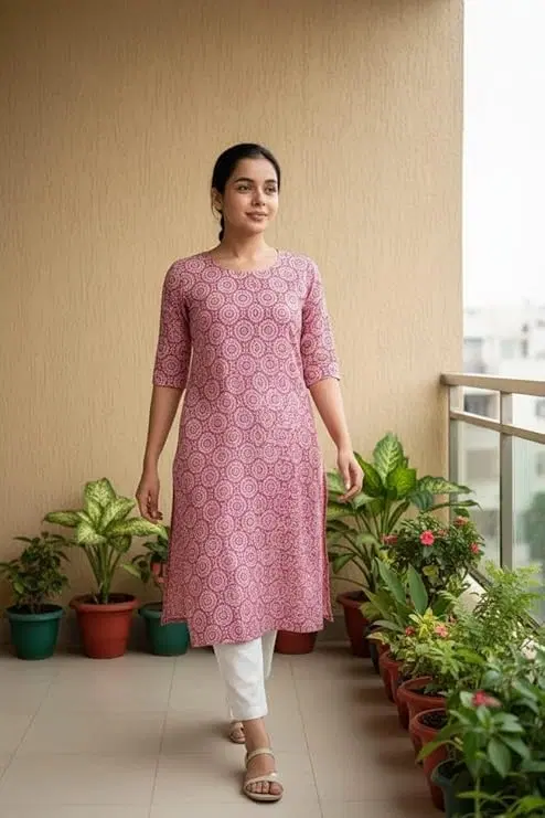 Cotton Blend Printed Kurti for Women, Yellow (XL)