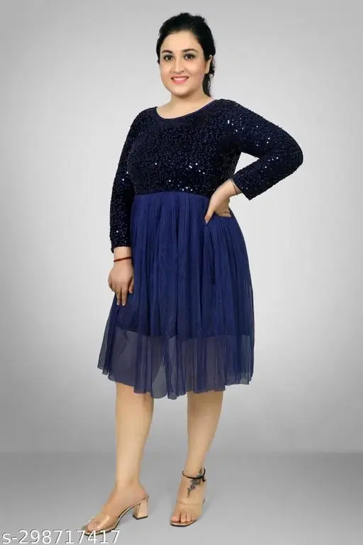 Net Solid Dress for Women (Navy Blue, L)
