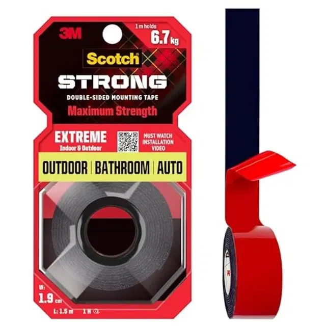 3m Scotch Extreme Double Sided Tape, 1m Holds 6.7 Kg, Works On Uneven Surfaces, Weather Resistant, Works On Indoor, Outdoor, Auto Interior Surfaces, (l: 1.5m, W: 19mm), Black