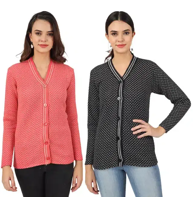 Woollen Blend Full Sleeves Cardigan for Women, Pack of 2 (Orange & Black, M)