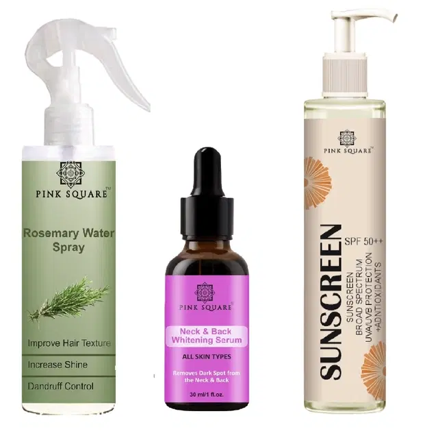 Pink Square Rosemary Hair Spray, 100 ml with Neck & Back Whitening Serum, 30 ml & Spf Sunscreen Lotion, 100 ml, Set of 3