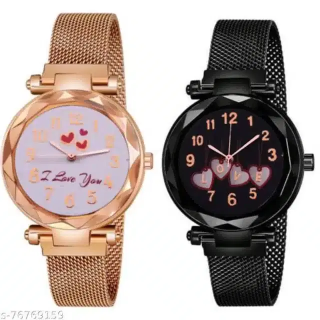 Analog Watch for Women, Set of 2 (Rose Gold & Black)